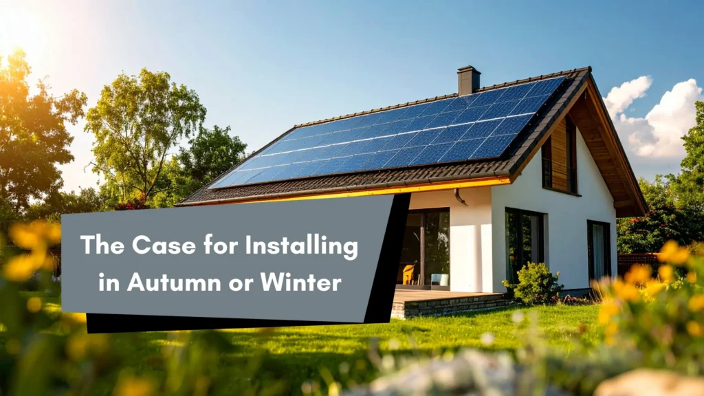 Illustration of a home with rooftop solar panels, accompanying seasonal installation advice