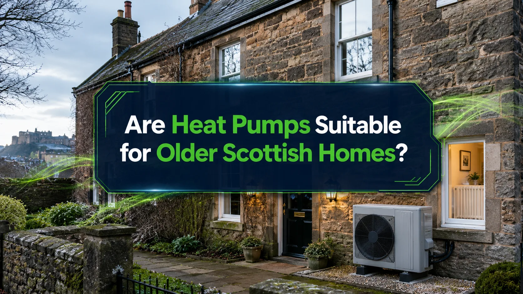 Illustration of an older stone house with an outdoor heat pump