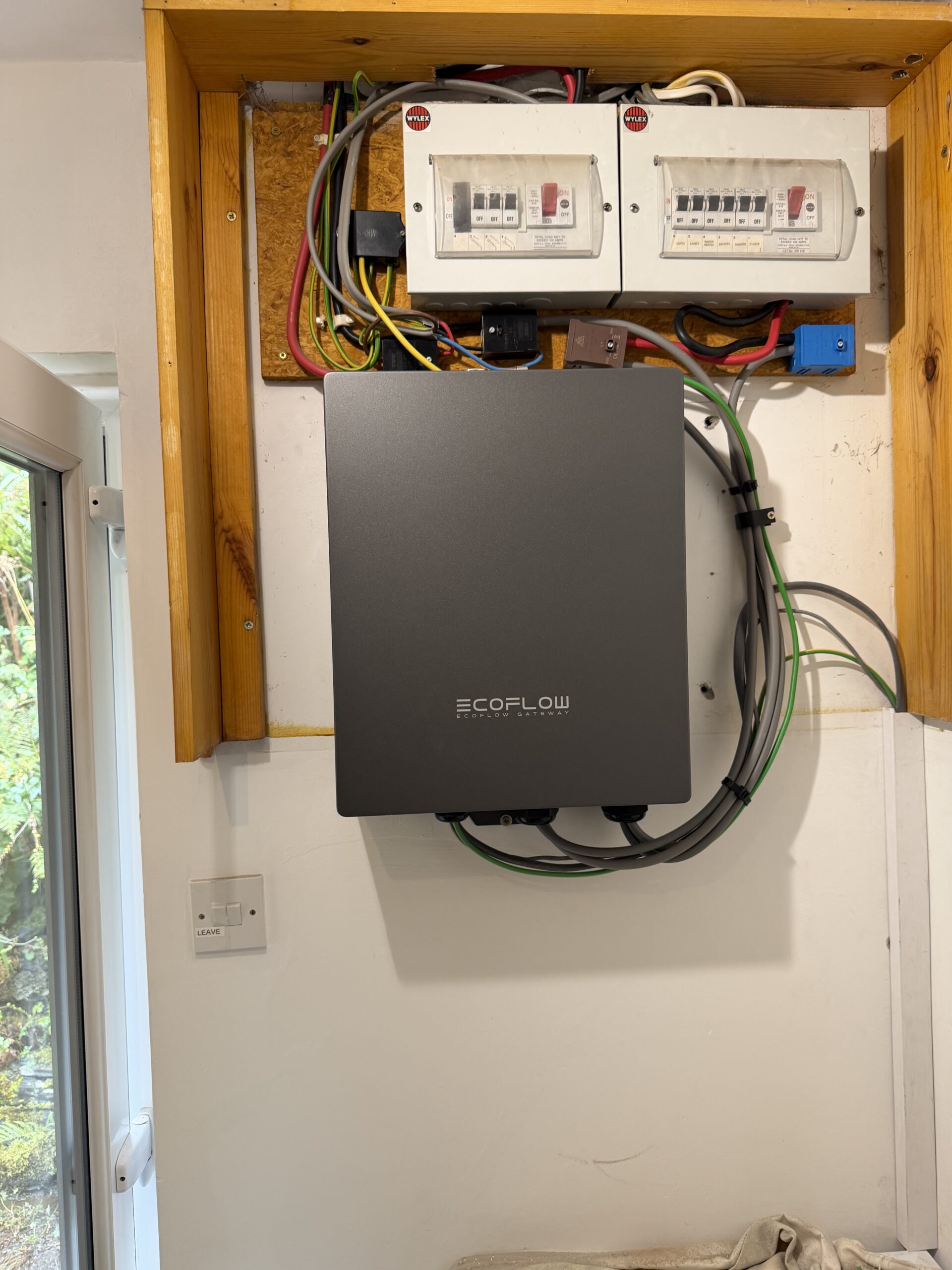 EcoFlow backup gateway installed below the household consumer units at the Ballachulish property