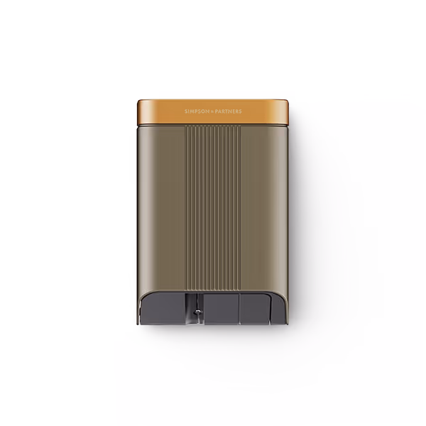 Simpson & Partners Home 7 Plus EV charger with a grey metal front and gold-coloured cap