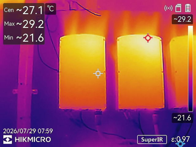 HIKMICRO thermal view of solar inverters operating under load, with surface-temperature readings