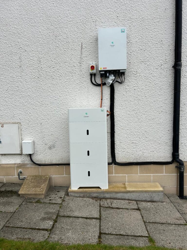 Outdoor Eleven Energy hybrid inverter and three Galvani sodium-ion battery modules installed by Renew-Able Solutions in Scotland