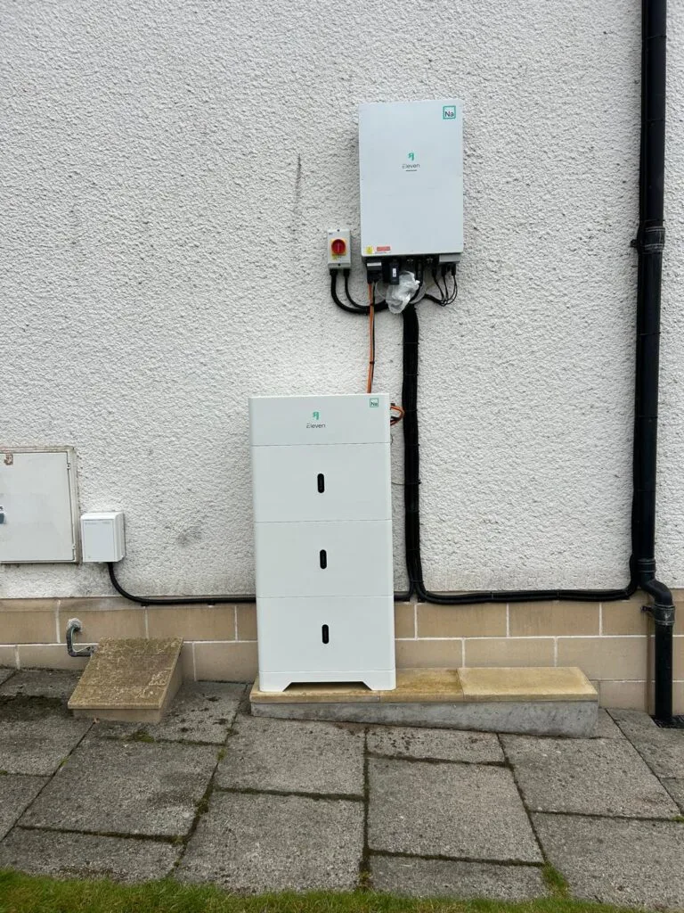 Outdoor Eleven Energy hybrid inverter and three Galvani sodium-ion battery modules installed by Renew-Able Solutions in Scotland