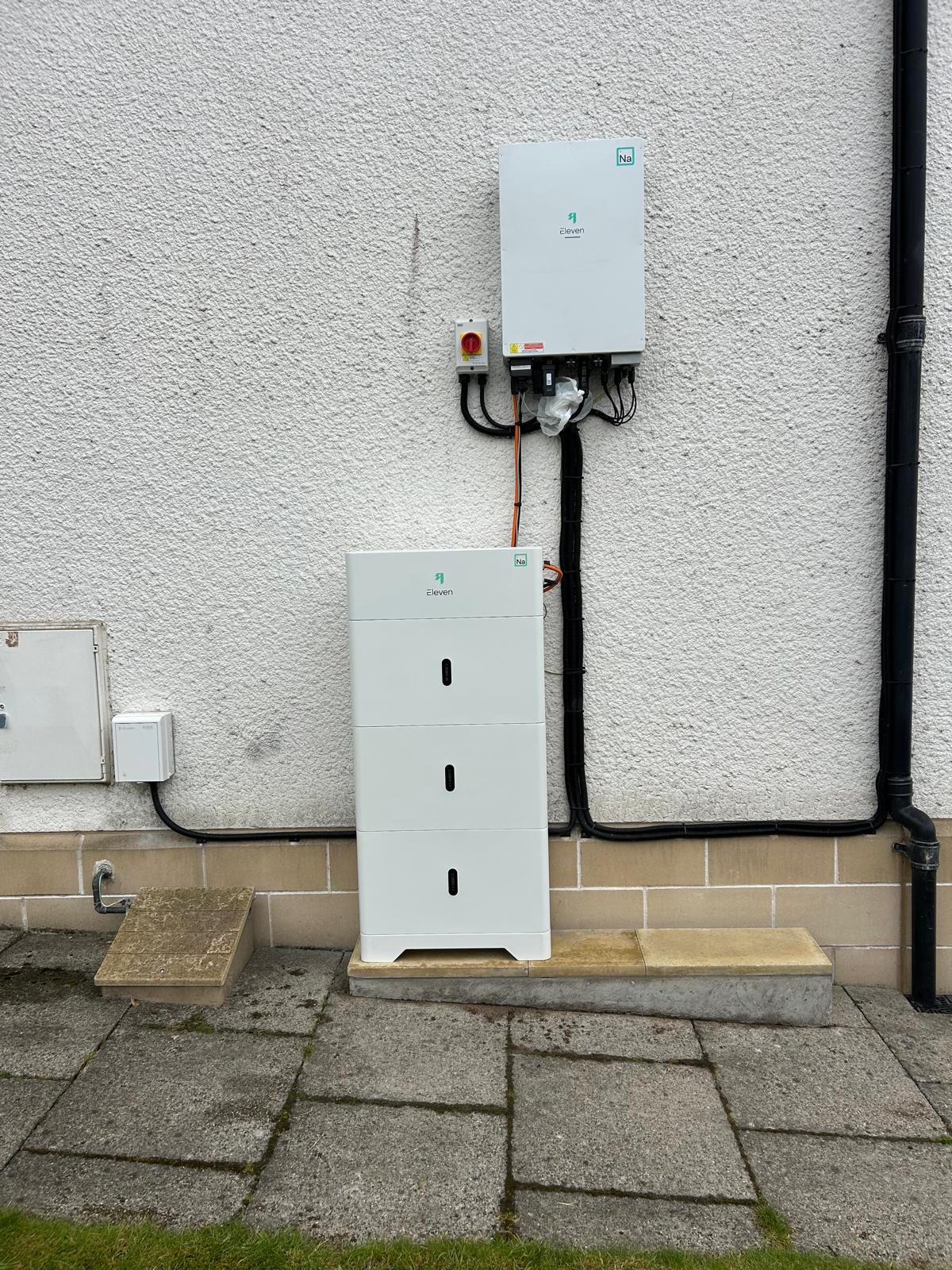 Outdoor Eleven Energy hybrid inverter and three Galvani sodium-ion battery modules installed by Renew-Able Solutions in Scotland