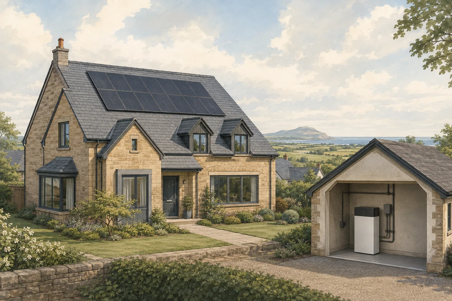 Illustration of a Scottish home with rooftop solar panels and a battery in a detached garage
