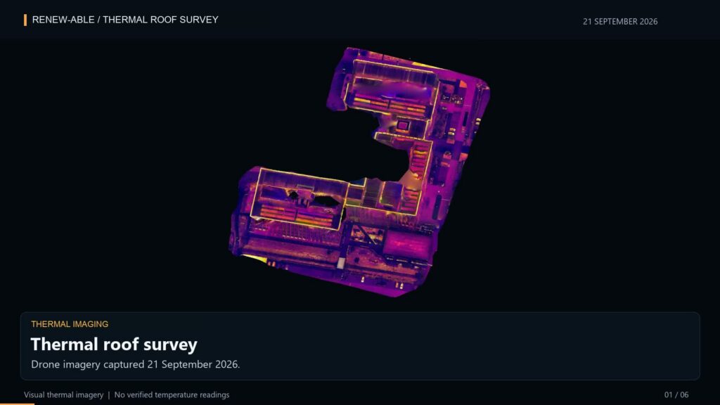 Thermal 3D model showing a commercial roof and rooftop solar arrays in purple, orange and yellow