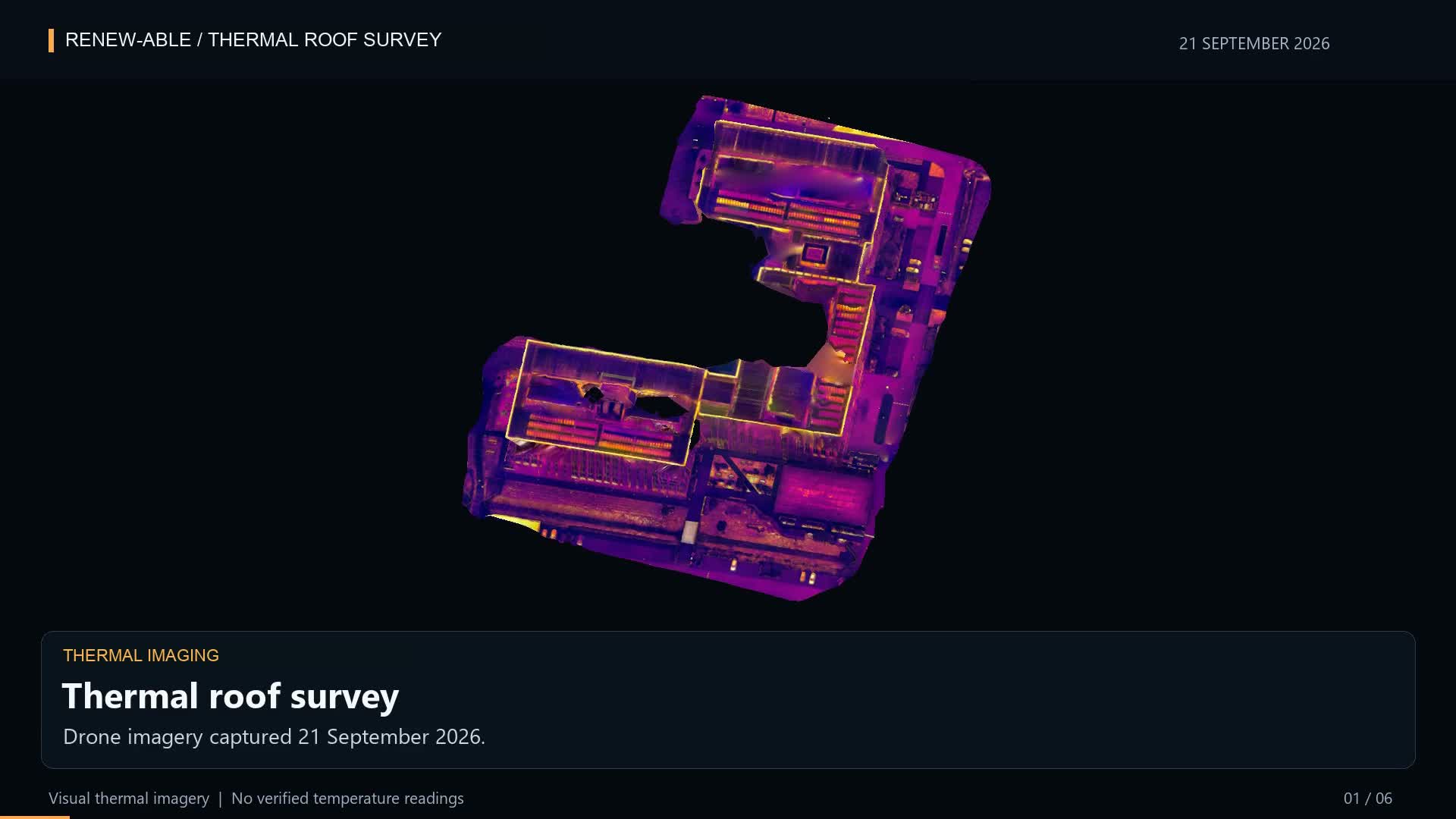 Thermal 3D model showing a commercial roof and rooftop solar arrays in purple, orange and yellow