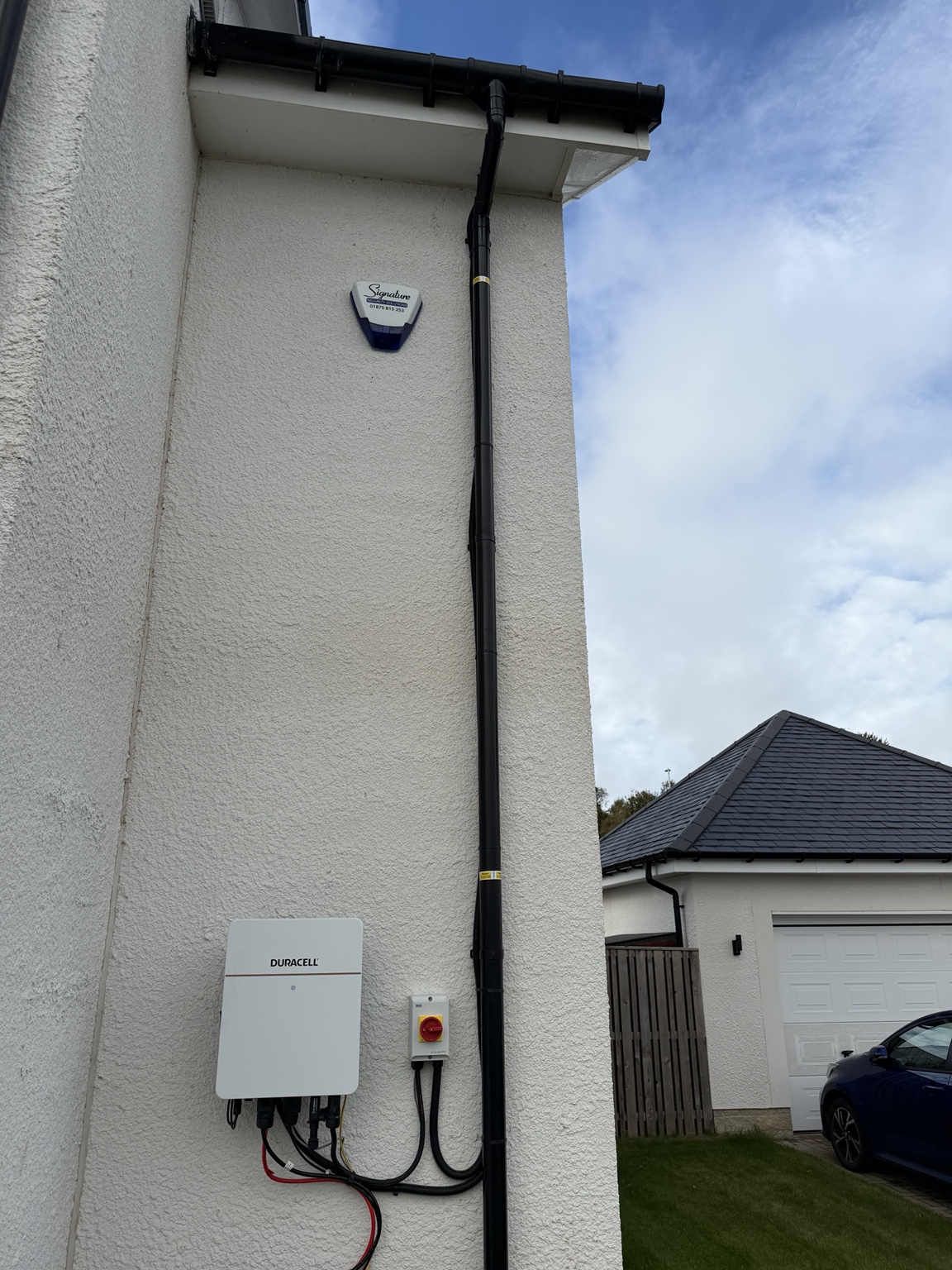 Duracell inverter with external cable route at the Penicuik property in Midlothian