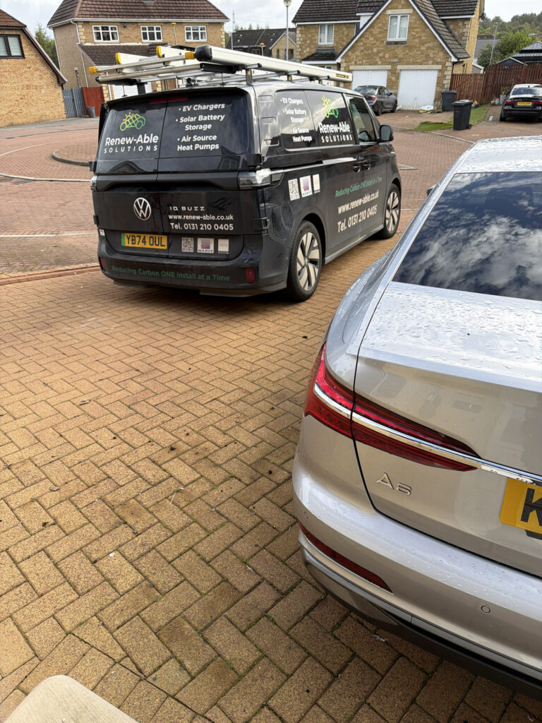 Renew-Able Solutions van on the driveway during an EV charger installation in Glasgow